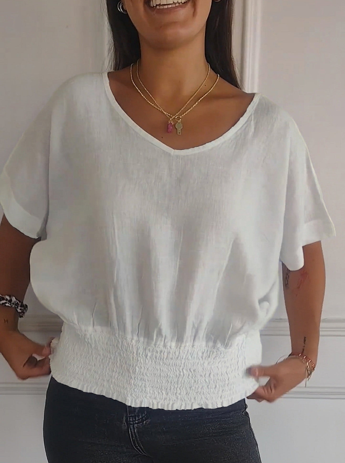 49% de réduction ! 🤩T-shirt simple à manches mi-longues et col en V de couleur unie