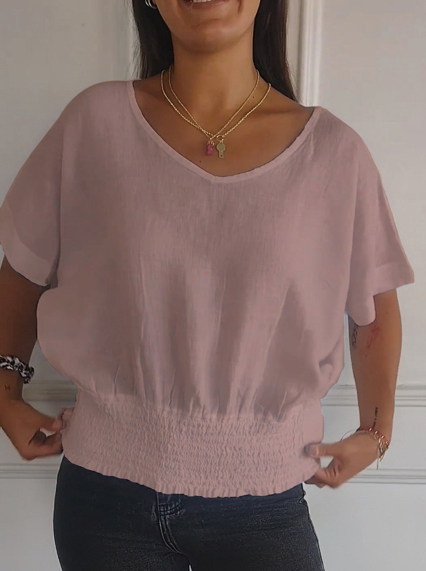 49% de réduction ! 🤩T-shirt simple à manches mi-longues et col en V de couleur unie