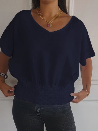 49% de réduction ! 🤩T-shirt simple à manches mi-longues et col en V de couleur unie